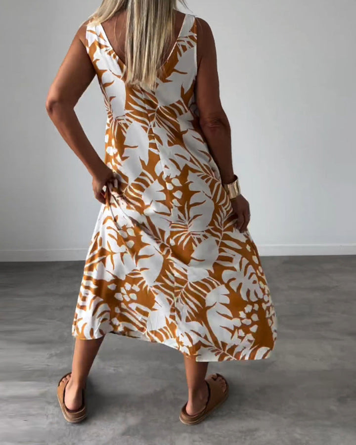 Tamara | Abito elegante senza maniche con stampa foglie